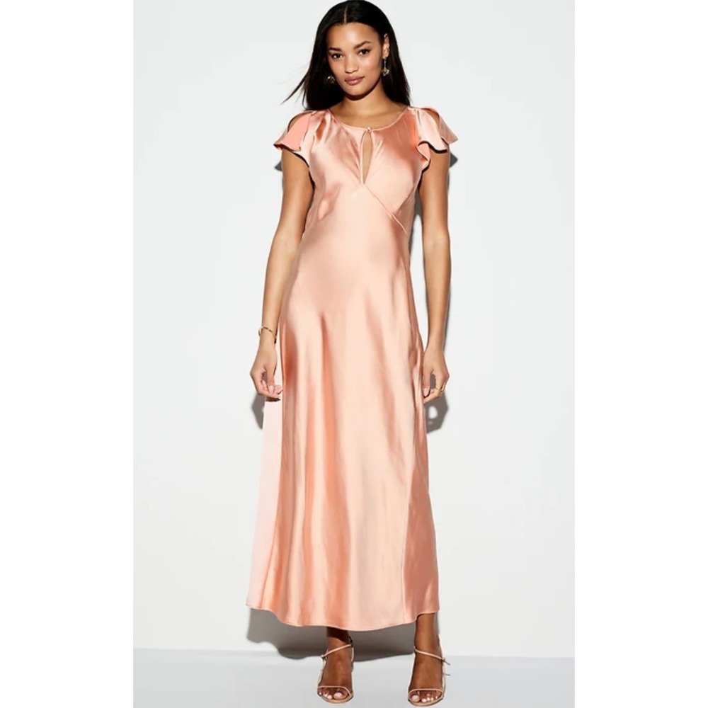 NWT Old Navy The Occasion Satin Maxi Dress Peach Pink Flutter Sleeve Event Large